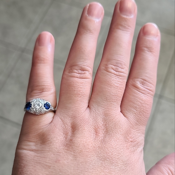 Platinum Art Deco Sapphire Diamond Cubic Zirconia - Picture 9 of 12